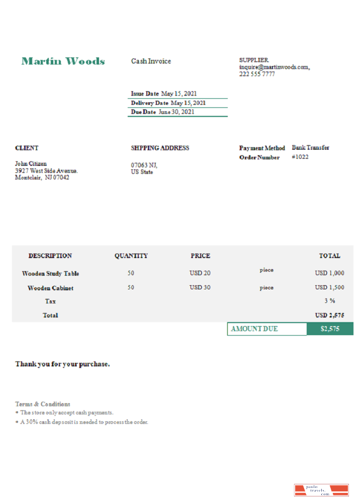 USA Martin Woods invoice PSD template